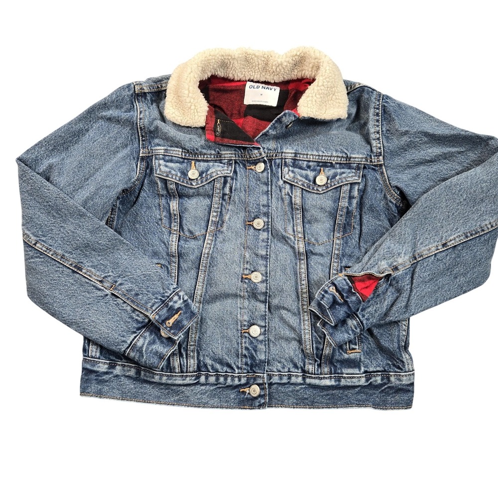 Old Navy Denim Jacket Womens Medium Blue Sherpa Collar Plaid Lined Trucker